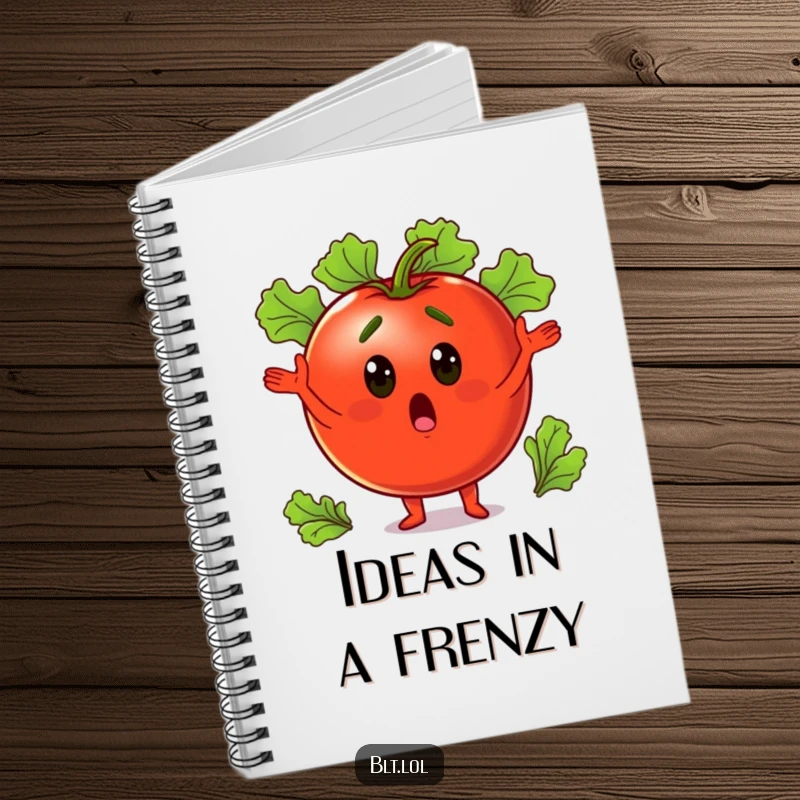 Funny surprised tomato juggling lettuce leaves, ready to take notes, this notebook brings veggie humor to writing.