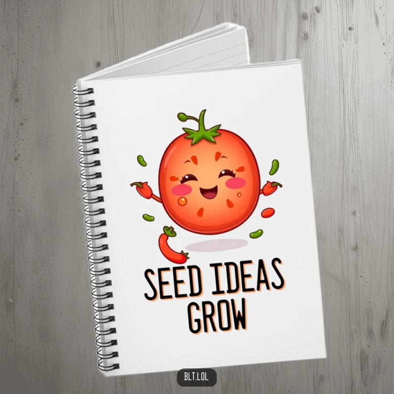 Funny smiling tomato slice juggling pepper seeds on the cover of a notebook for jotting down funny ideas.