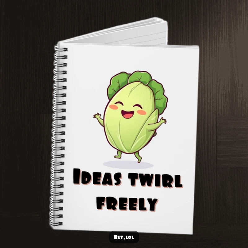 Funny lettuce leaf notebook featuring a giggling leaf doing a silly dance, perfect for notes and doodles.