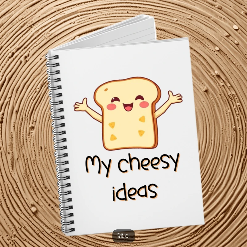 Funny Notebook with a happy bread slice balancing a small cheese slice, perfect for notes and doodles with a humorous twist.