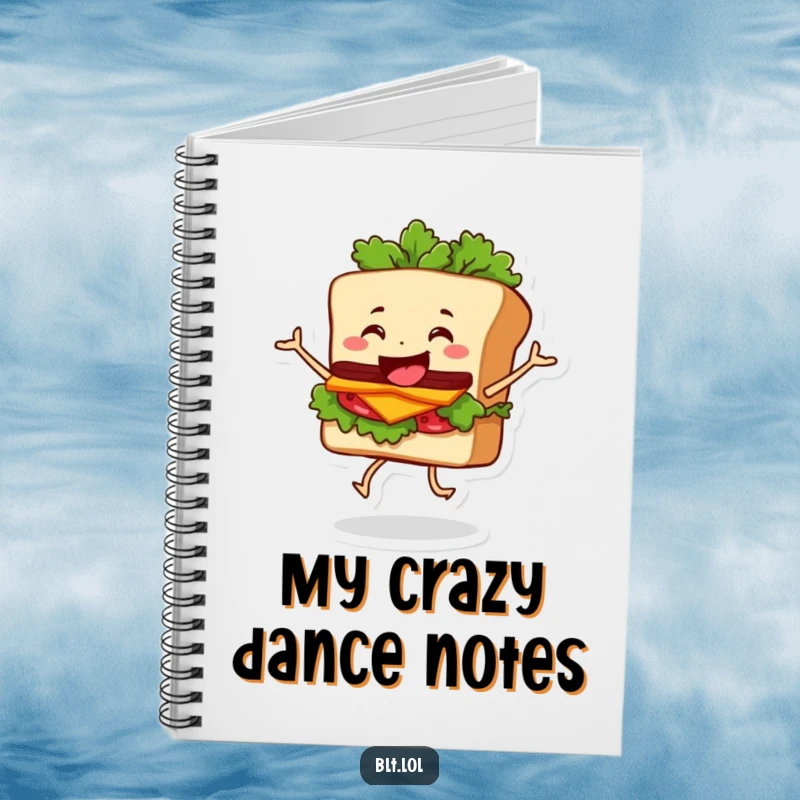 Funny Notebook with a happy BLT sandwich character dancing, its lettuce wobbling, designed for capturing ideas with a playful vibe.