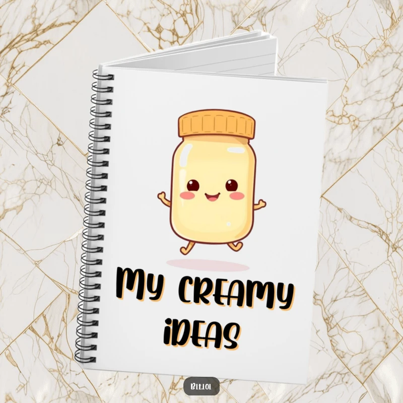Funny anthropomorphic mayonnaise jar doing a little hop on the cover of a humorous notebook.