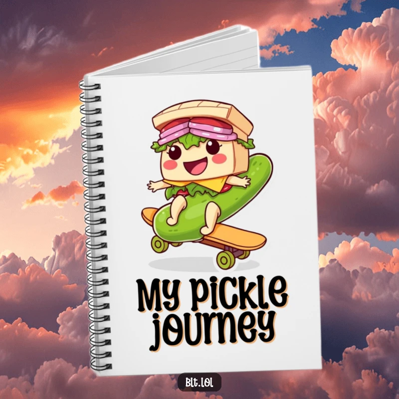 Funny Riding BLT Sandwich Notebook: A journal decorated with a smiling BLT sandwich riding a giant pickle like a skateboard, inspiring creativity.