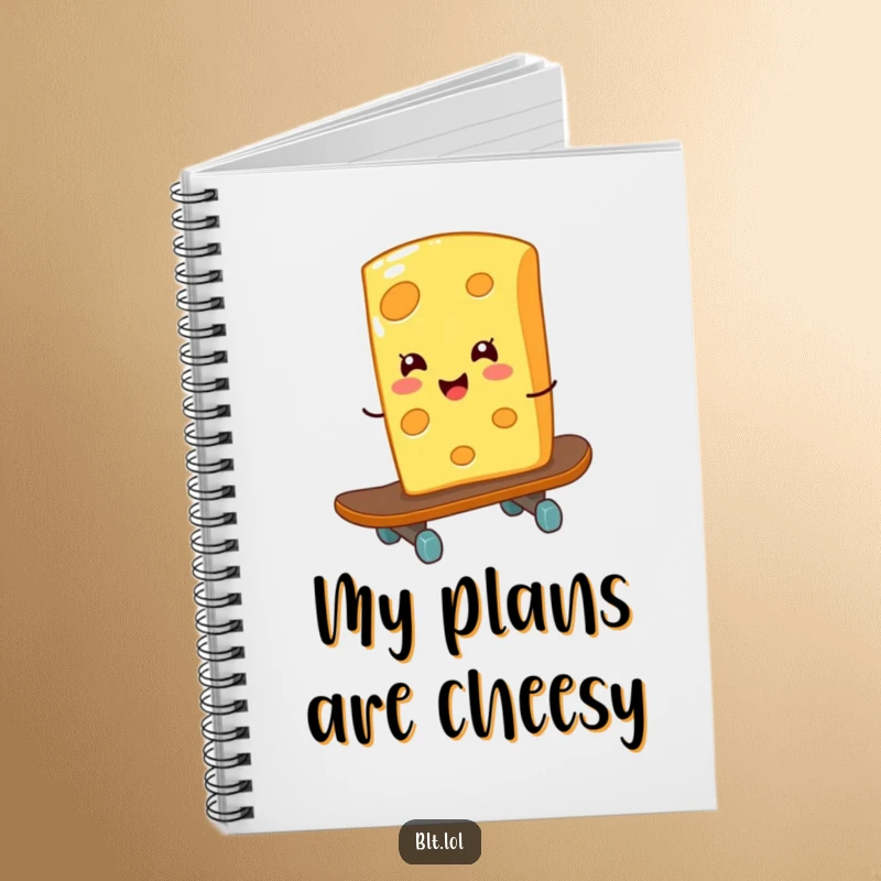 Funny giggling cheese slice on a skateboard on a notebook, perfect for capturing rad ideas with cheesy humor.
