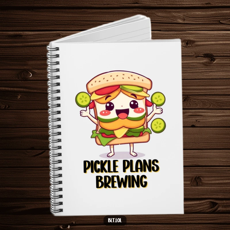 Funny BLT sandwich character, ready to jot down ideas, juggling green pickle slices in this fun notebook.