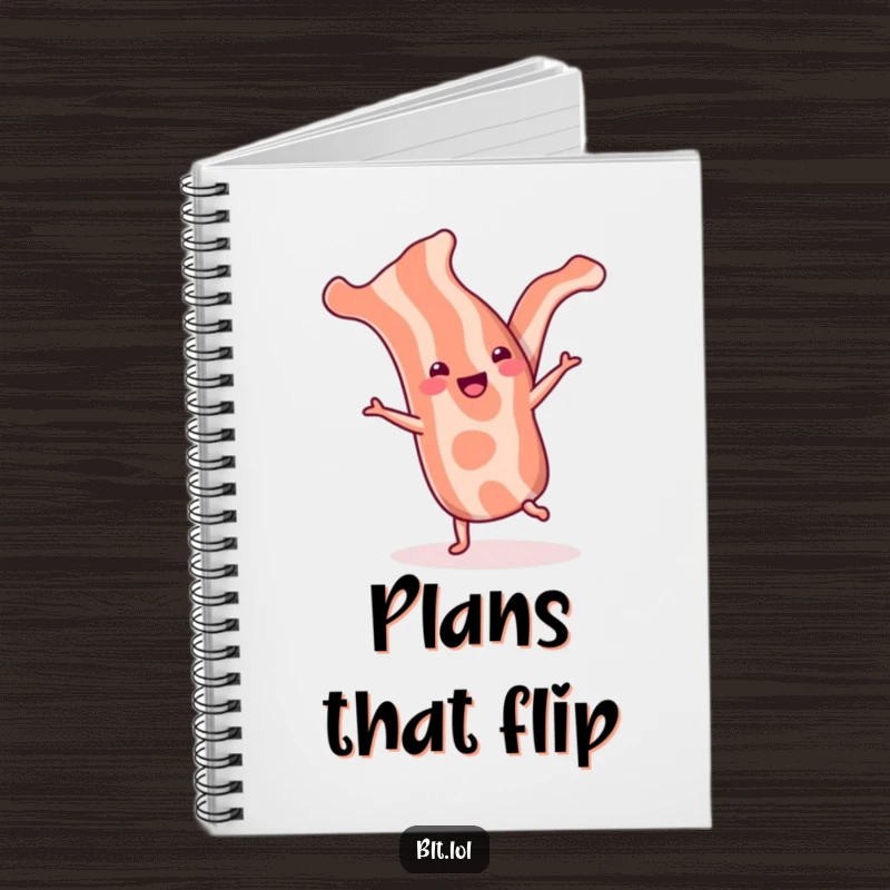 Funny bacon strip notebook featuring a cheerful strip doing a cartwheel, perfect for notes and doodles.