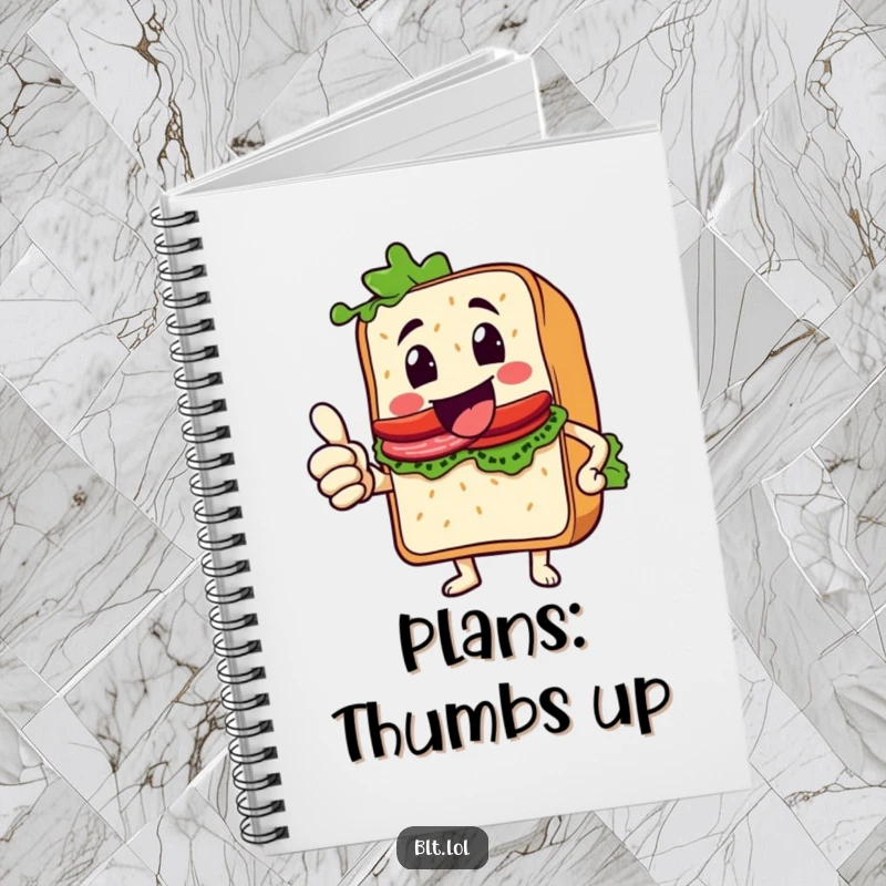 Funny Thumbs Up BLT Sandwich Notebook, a sandwich character giving an enthusiastic thumbs up, perfect for note-taking and planning, funny gift.