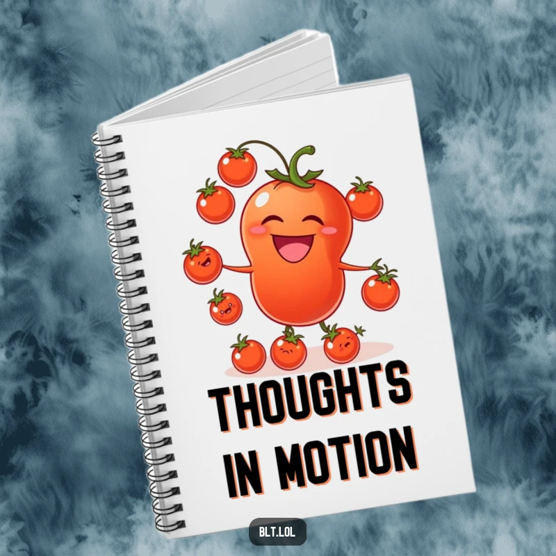 Funny tomato notebook featuring a laughing tomato juggling smaller tomatoes, perfect for notes and garden plans.