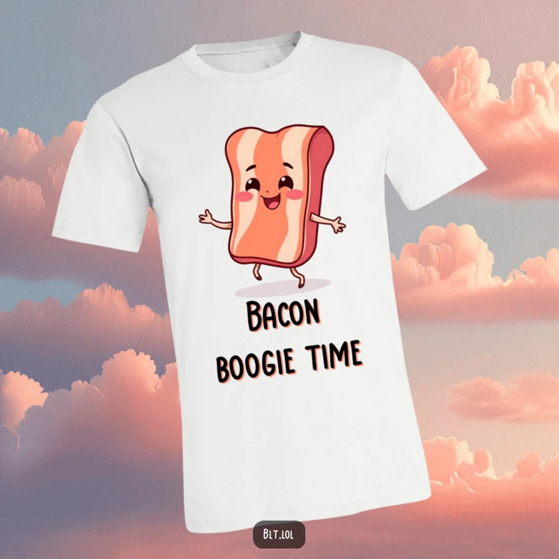 Funny T-Shirt with a happy bacon strip with little legs performing a lively and bouncy dance, exuding playful energy.