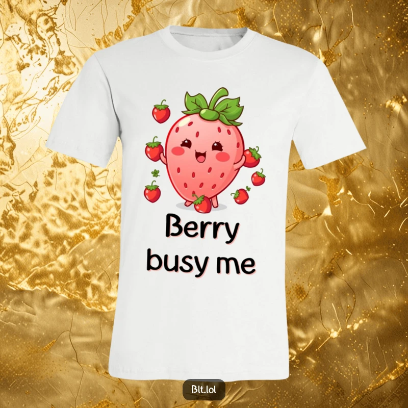 Funny giggling Kawaii strawberry character juggling small berries on a t-shirt, perfect for fruit enthusiasts.