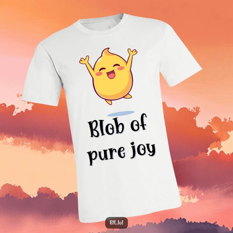 Funny mustard blob energetically leaping with a wide smile, showcased on a comfortable t-shirt.