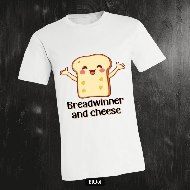 Funny T-Shirt with a happy bread slice with arms outstretched, perfectly balancing a tiny cheese slice, showcasing comfort food love.