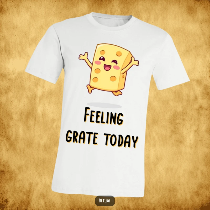 Funny T-Shirt depicting a happy cheese slice character doing a joyful jump, a humorous and playful food graphic.