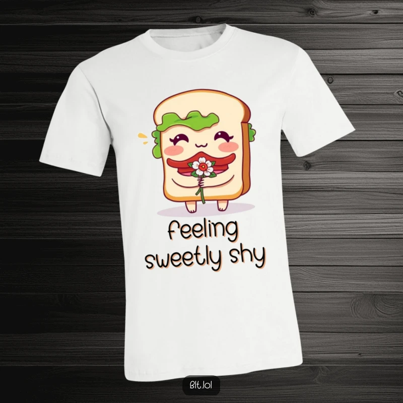 Funny T-Shirt depicting a bashful BLT sandwich character blushing while presenting a small floral bouquet.