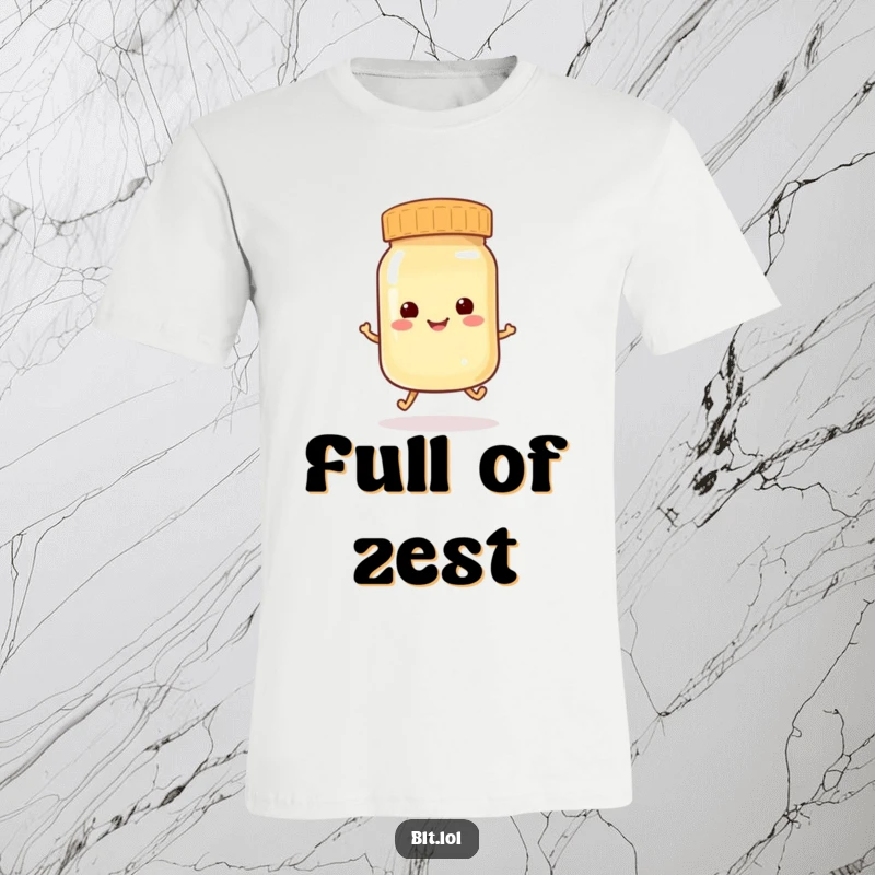 Funny anthropomorphic mayonnaise jar character in mid-hop, conveying playfulness and humor on a t-shirt.