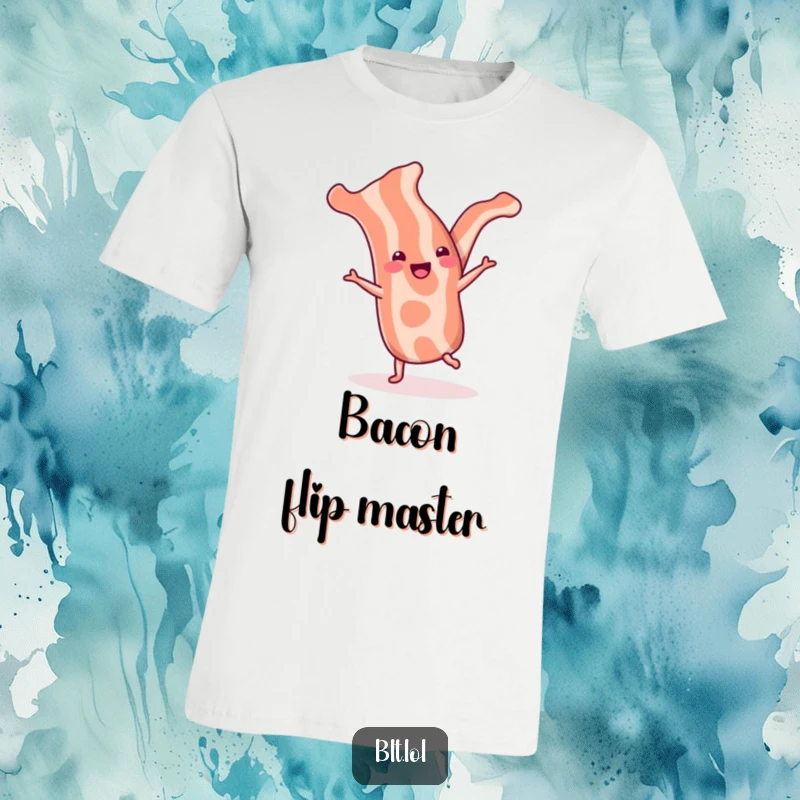 Funny bacon strip t-shirt depicting a cheerful strip performing a cartwheel, radiating breakfast fun and energy.