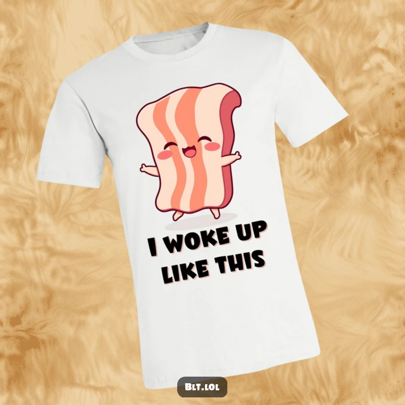 Funny Bacon Dance T-Shirt: A giggling bacon character is joyfully dancing, embodying playful energy and breakfast cheer.