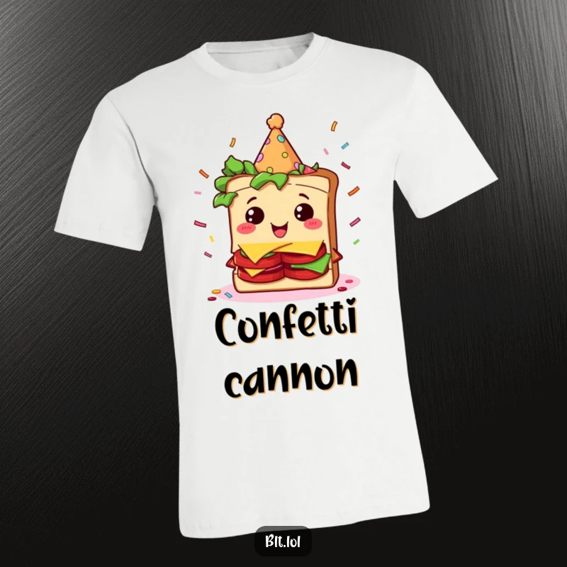 Funny BLT sandwich character adorned with a party hat, showered in colorful confetti, wearing a t-shirt.