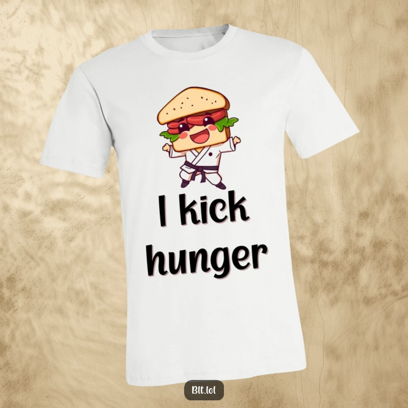 Funny BLT sandwich character in mid-air, performing a dynamic karate kick with a determined and energetic expression.