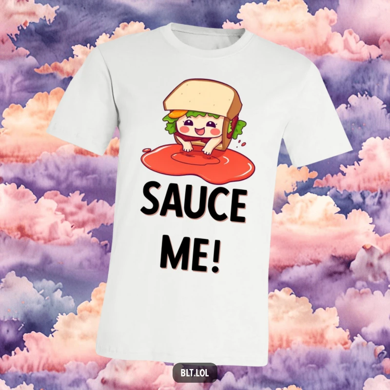 Funny BLT sandwich character in mid-dive, splashing into a generous amount of imaginary sauce, wearing a t-shirt.