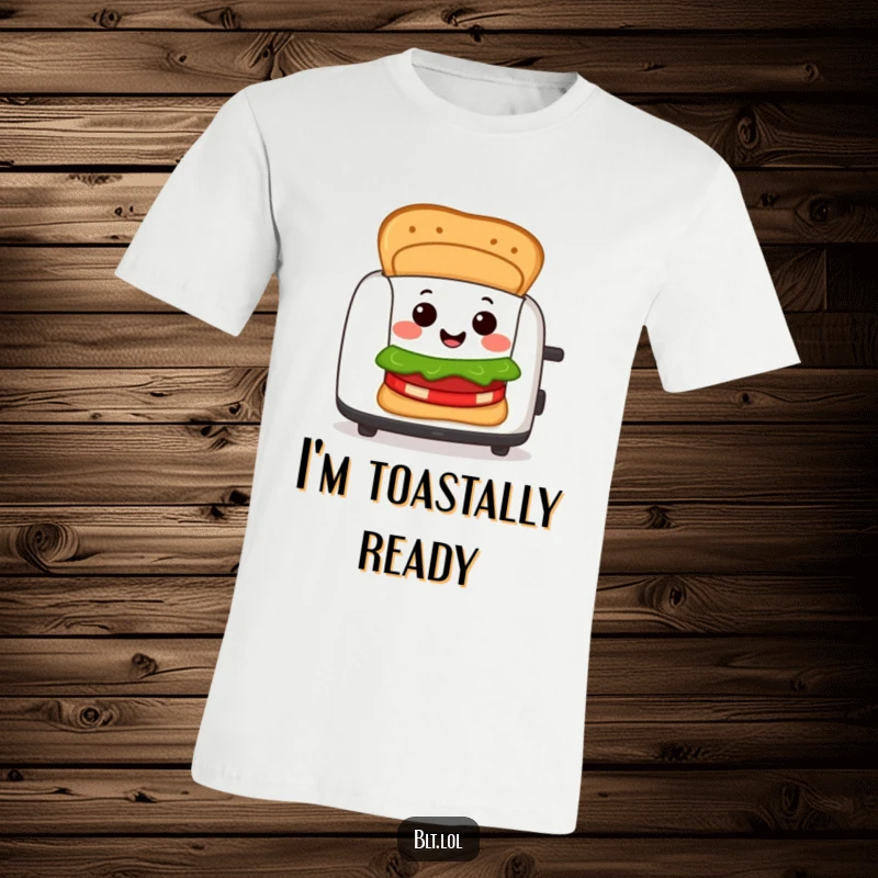 Funny T-Shirt showing a happy BLT sandwich character emerging from a toaster with a wide, joyous smile, embodying breakfast fun.