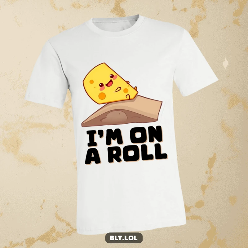 Funny anthropomorphic cheese slice giggling while sliding smoothly down a ramp, making this a delightfully humorous t-shirt.