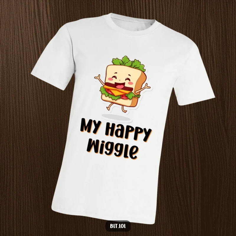 Funny T-Shirt depicting a happy BLT sandwich character doing a comical dance, emphasizing the wobbly motion of its lettuce.