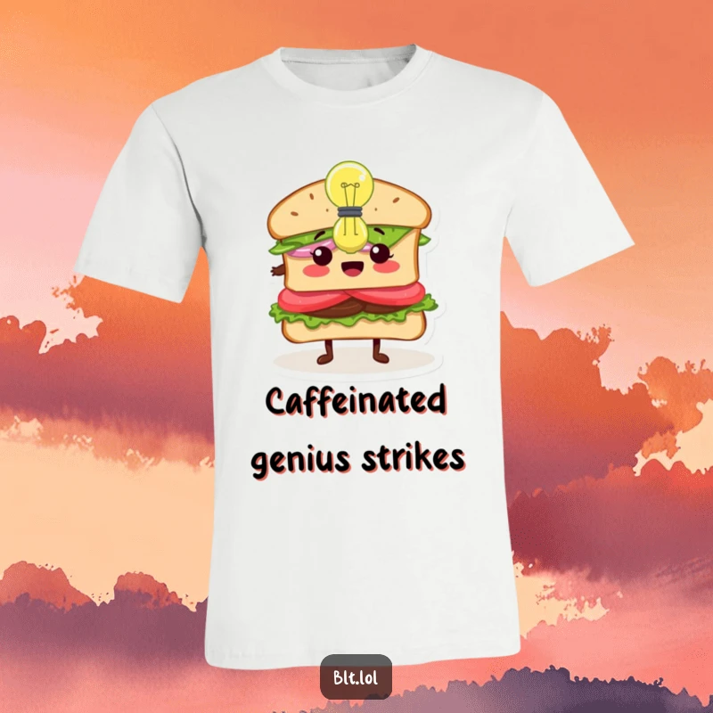 Funny Inspired BLT Sandwich T-Shirt, a sandwich character with a glowing lightbulb, representing a great idea, perfect for innovators, great gift.