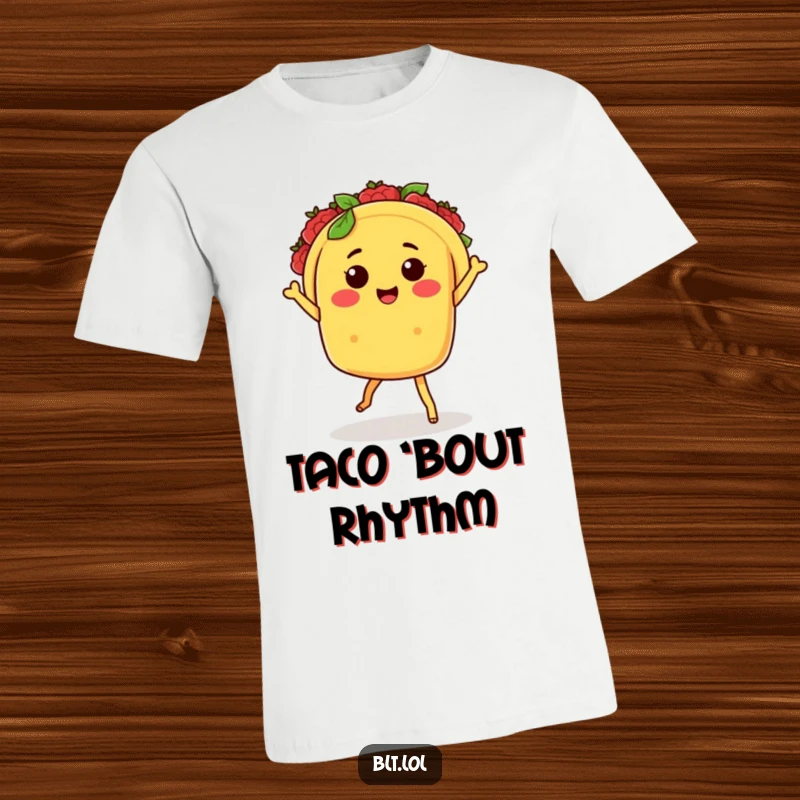 Funny Kawaii taco character with tiny legs joyfully salsa dancing, printed on a soft t-shirt, ideal for humor enthusiasts.
