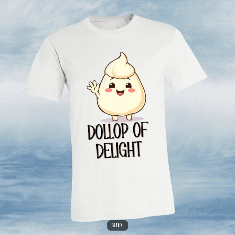 Funny mayonnaise dollop with big eyes and a smile, waving hello on a comfortable t-shirt.