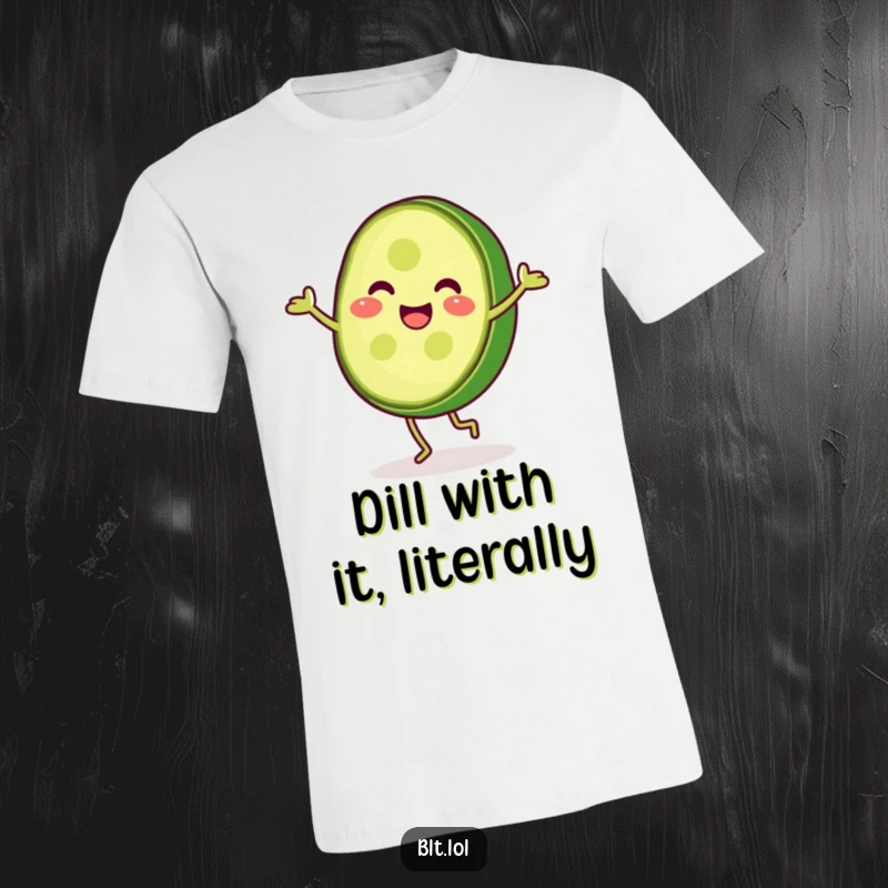 Funny anthropomorphic pickle slice performing a dynamic cartwheel, full of joy, making this a hilarious and energetic t-shirt.