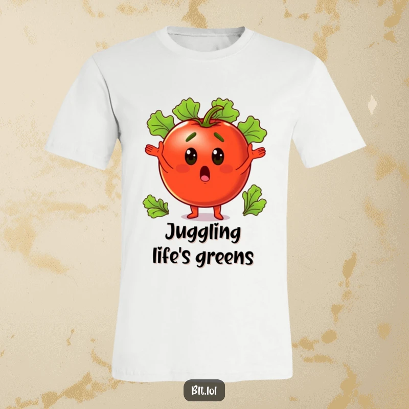 Funny anthropomorphic tomato with wide eyes juggling multiple lettuce leaves, showcasing a moment of delightful veggie chaos.