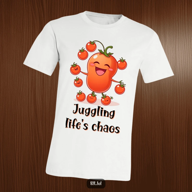 Funny tomato t-shirt depicting a laughing tomato juggling tiny tomato friends, celebrating garden bounty and humor.