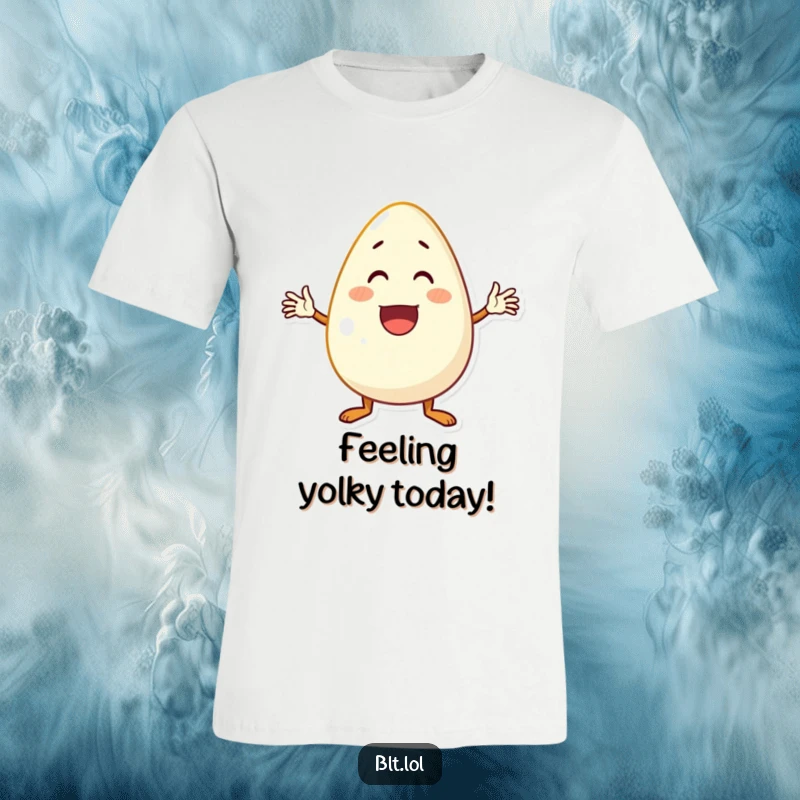 Funny, excited anthropomorphic egg character with arms waving enthusiastically, a joyous graphic on a t-shirt.