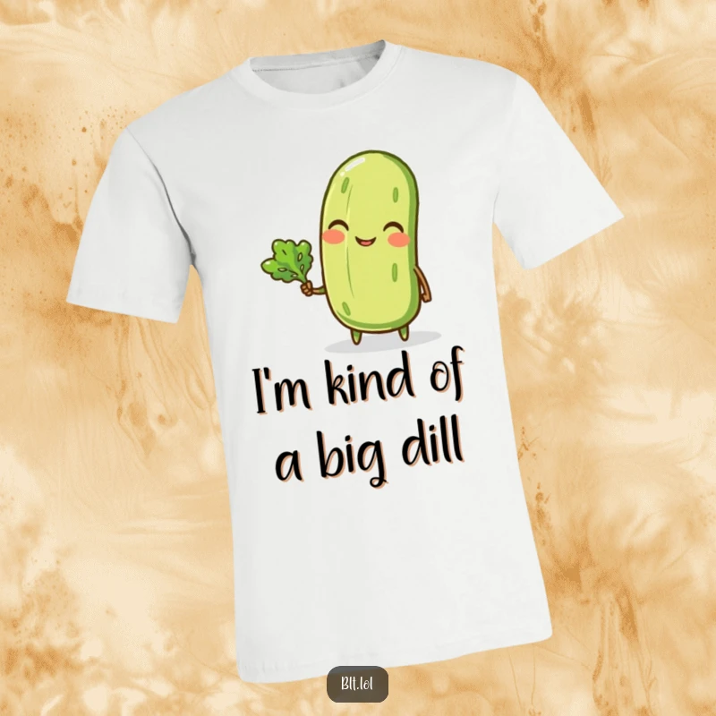 Funny t-shirt with a smiling anthropomorphic pickle winking and holding a tiny lettuce leaf, showcasing a playful and cheeky veggie.