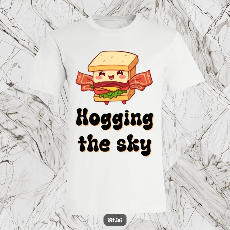 Funny BLT Sandwich T-Shirt: A comical BLT character flaps bacon strips like wings, aiming for the sky in a hilarious attempt at flight.