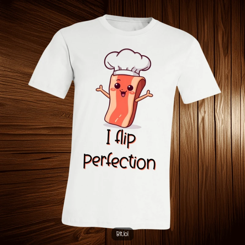 Funny bacon strip character in a chef hat, mid-flip in a pan, looking professional and humorous on a t-shirt.