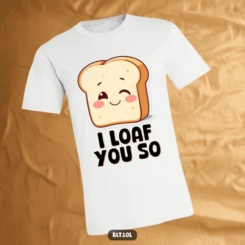 Funny smiling piece of bread winking on a t-shirt, looking charming and cute for a humorous gift.