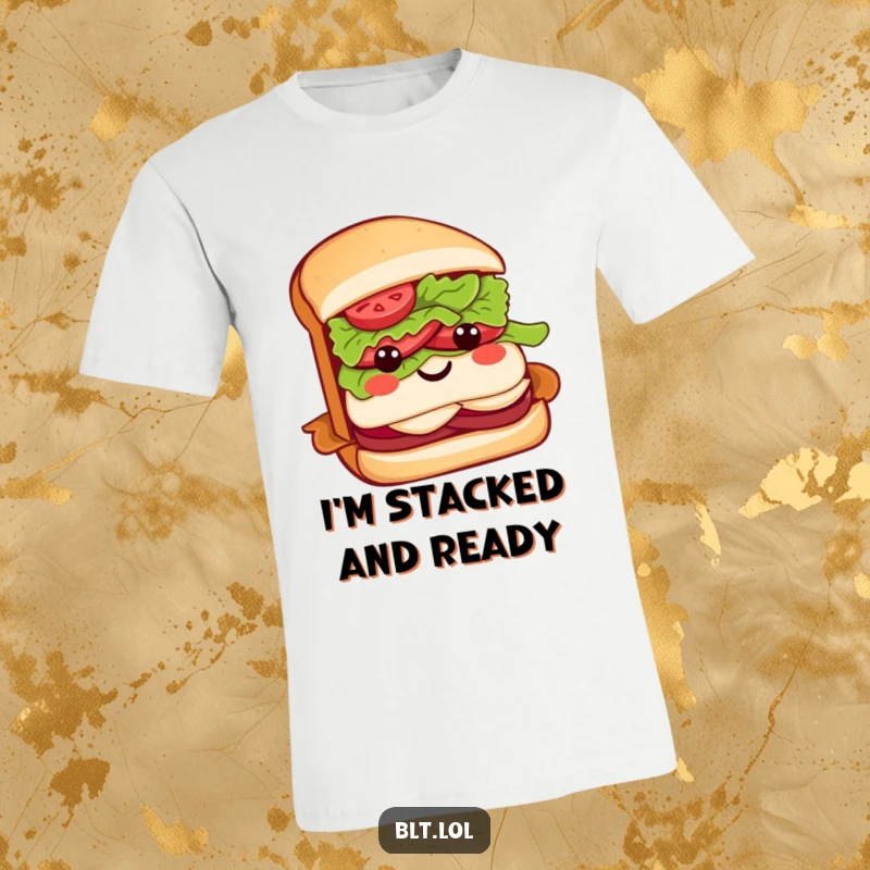 Funny BLT sandwich t-shirt with a cheerful character sporting a lettuce head and a bow, expressing pure sandwich joy.