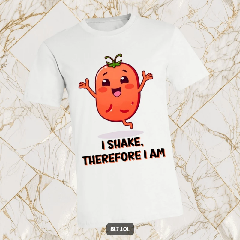Funny T-Shirt: A tomato slice character joyfully doing a bouncy dance. Great funny gift for active people.