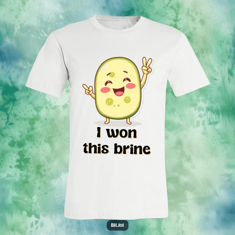 Funny t-shirt showcasing a smiling pickle slice in a victory pose, radiating confidence and dill-icious triumph. Great gift.