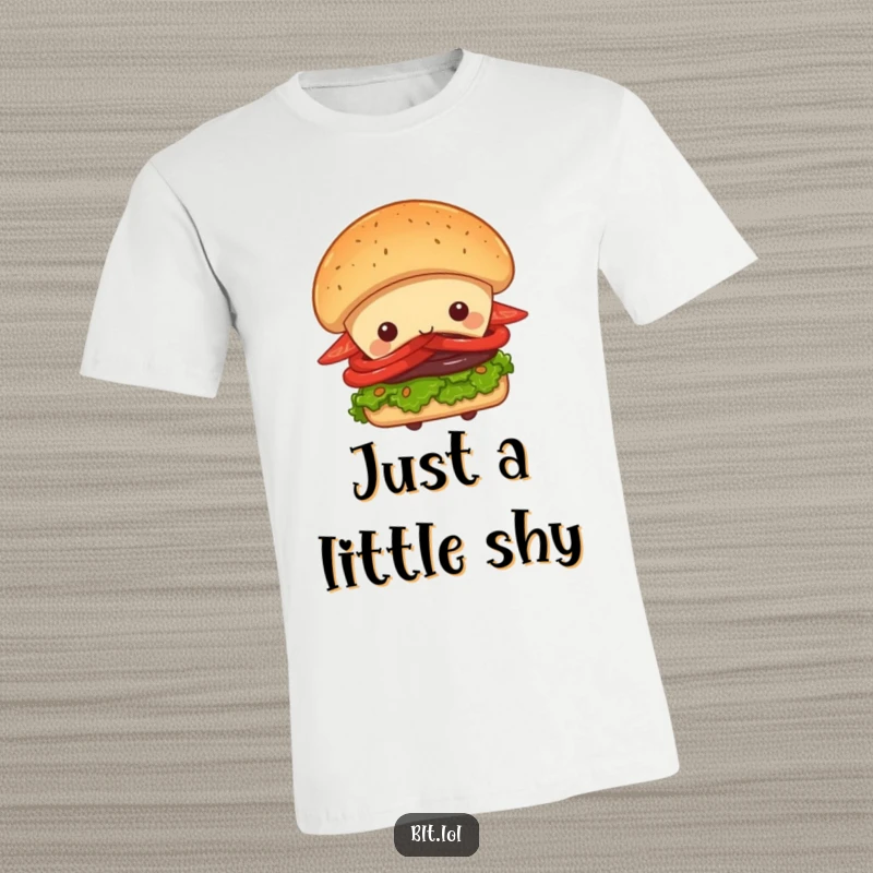 Funny Peek-a-Boo BLT Sandwich T-Shirt, a sandwich character hiding behind a large bun, cute and humorous design, perfect gift.