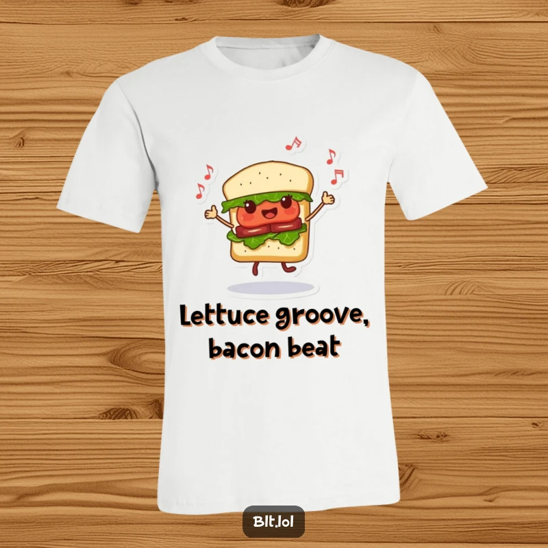 Funny Dancing BLT Sandwich T-Shirt, grooving with musical notes, a joyous and energetic food character, perfect gift.
