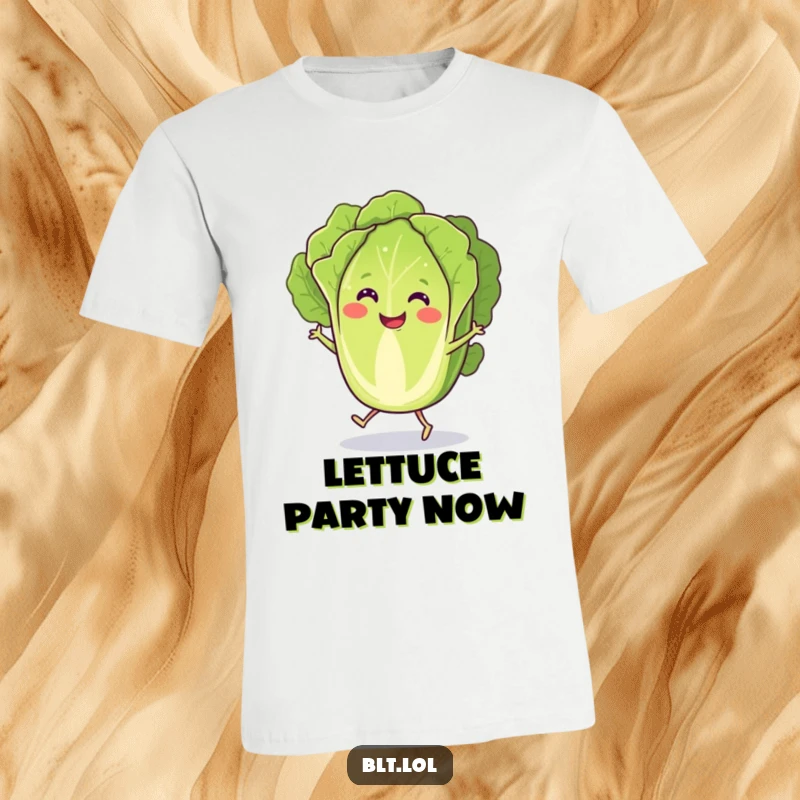 Funny T-Shirt with a smiling, anthropomorphic lettuce slice joyfully jigging on tiny feet, expressing playful energy.