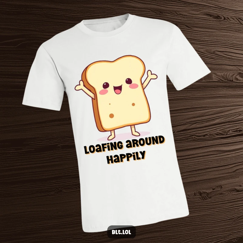Funny t-shirt with a joyful anthropomorphic bread slice with arms in the air, showcasing pure celebration and happiness.