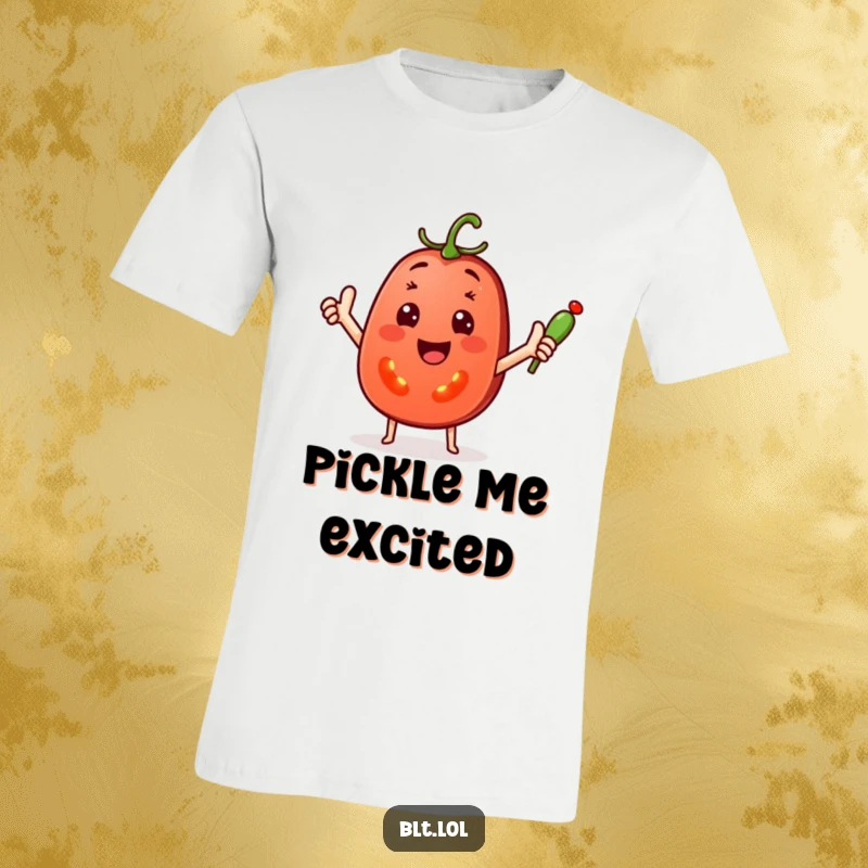 Funny T-Shirt with a happy tomato slice waving a small pickle spear, embodying a cheerful and welcoming spirit.