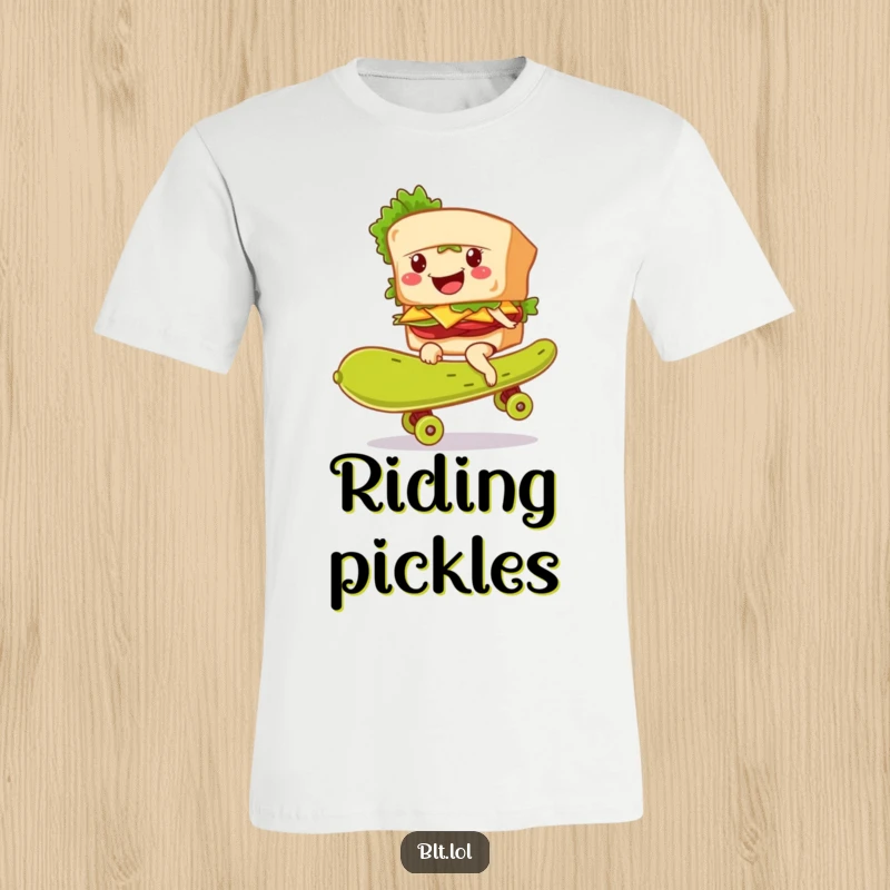 Funny BLT sandwich character with a smile, riding a giant pickle as a skateboard, wearing a t-shirt.