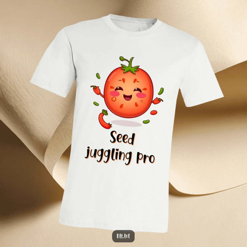 Funny tomato slice mid-air, juggling small pepper seeds with a cheerful grin, printed on a comfortable t-shirt.