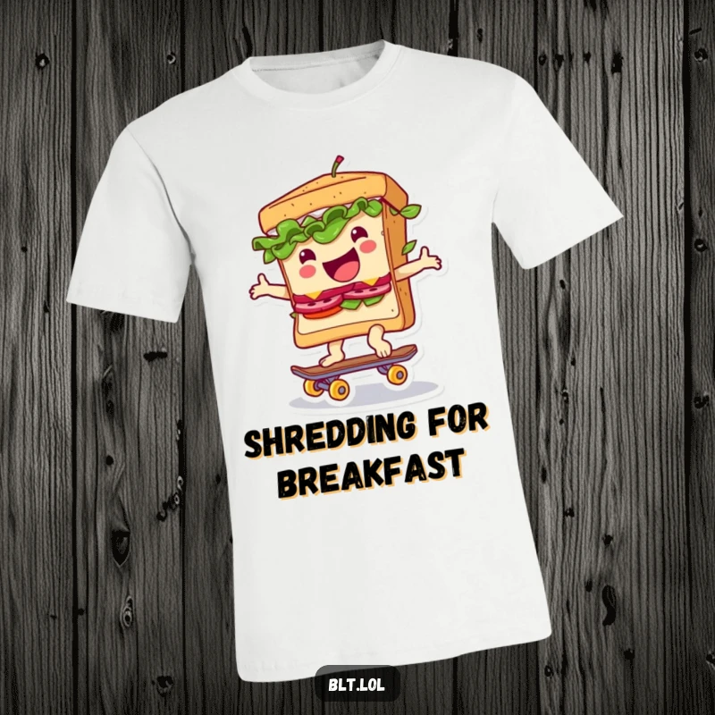 Funny t-shirt of a BLT sandwich joyfully riding a tiny skateboard, radiating pure excitement and a love for the ride.