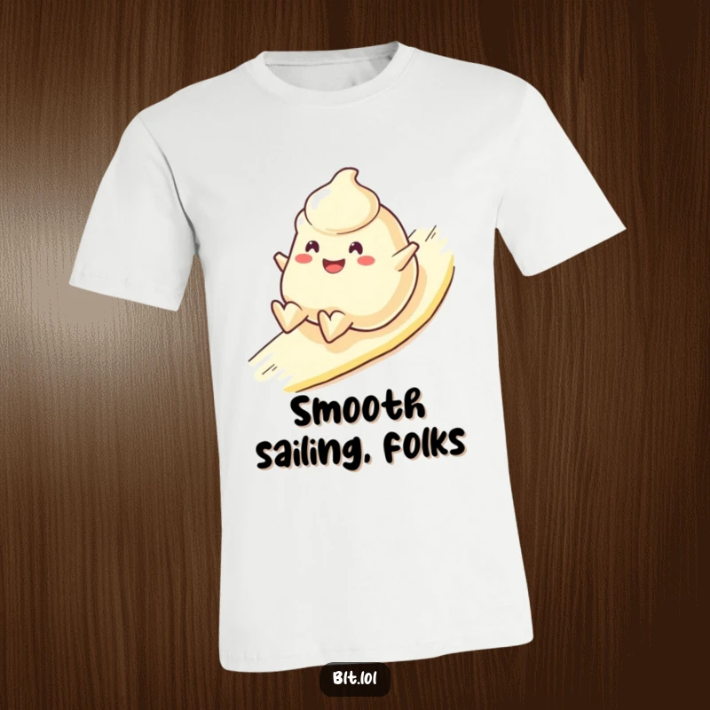 Funny T-Shirt depicting a cheerful mayonnaise blob character sliding downhill happily, a humorous and playful food graphic.